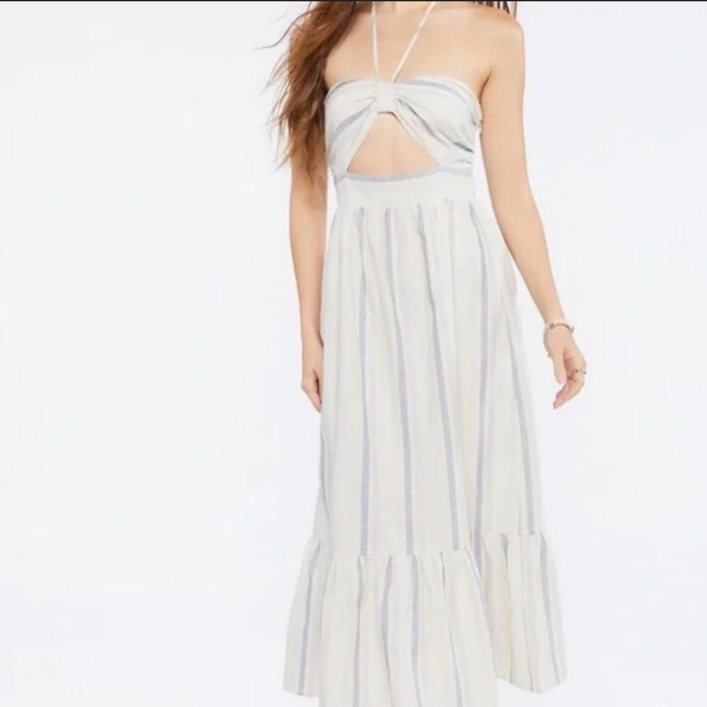 Beige Striped Linen Blend Halter Top Cut Out Ruffle Hem Maxi Dress